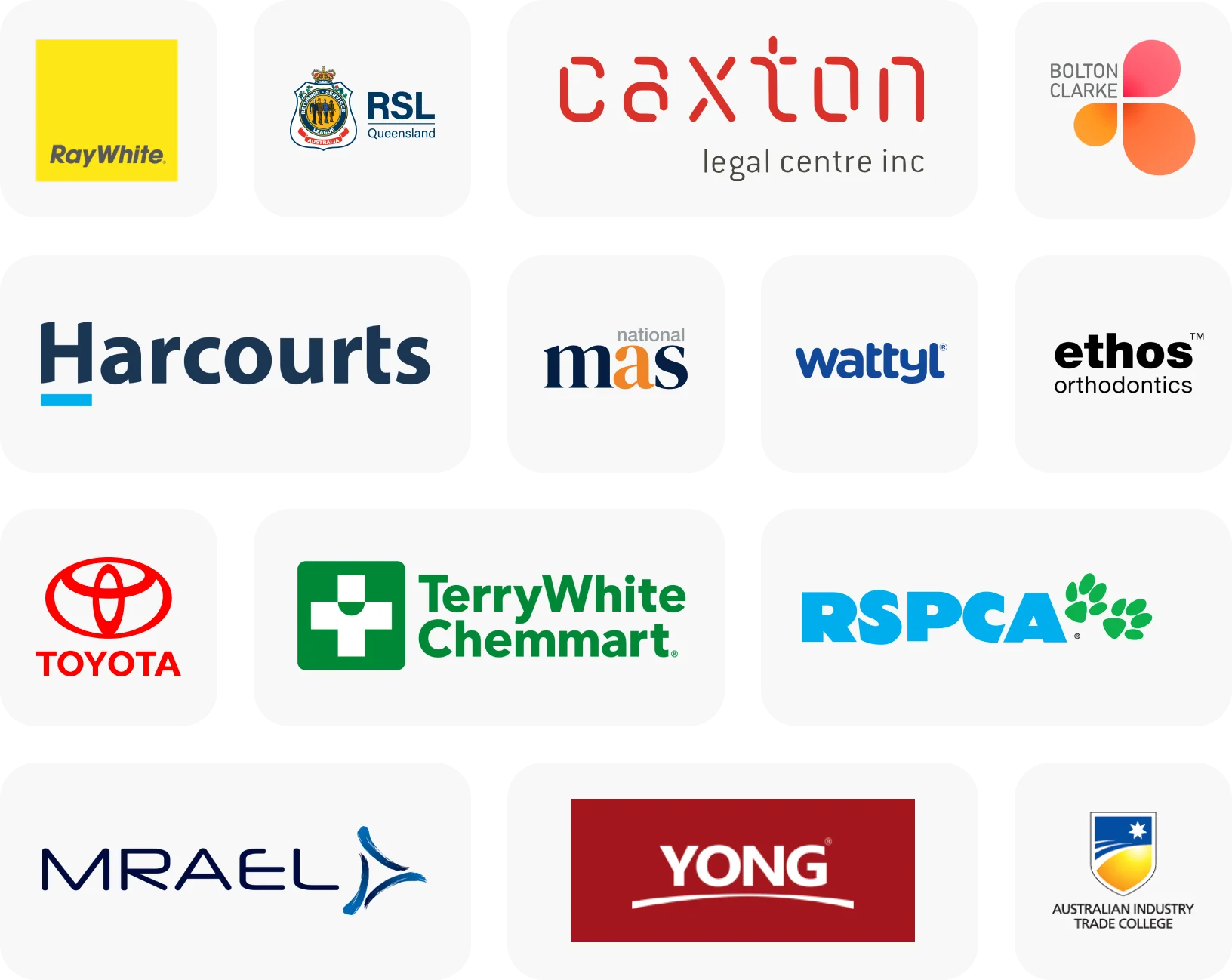 Australian companies that have received photocopier quotes. RayWhite, RSL Queensland, Caxton legal, Bolton clarke, Harcourts, Mas national, wattyl, ethos orthodontics, Toyota, TerryWhite Chemmart, RSPCA, MRAEL, YONG, Australian Industry Trade College.